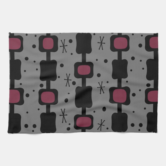 Retro Mid Mod Columns Boxes Maroon Tea Towel (Horizontal)