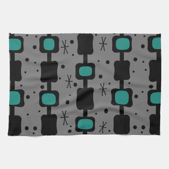Retro Mid Mod Columns Boxes Teal Tea Towel (Horizontal)