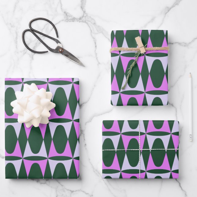 Retro Mid Mod Geometric Holiday Pattern Green Pink Wrapping Paper Sheet (Front)