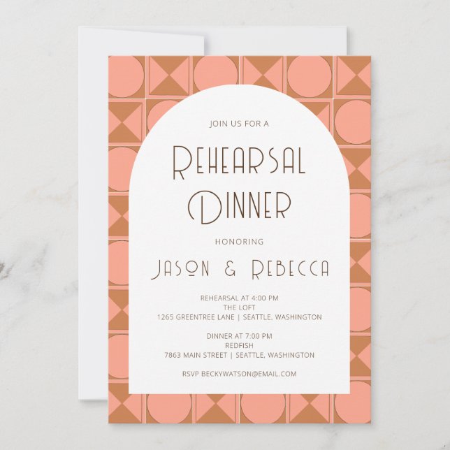 Retro Mid Modern Geometric Pink Rehearsal Dinner  Invitation (Front)