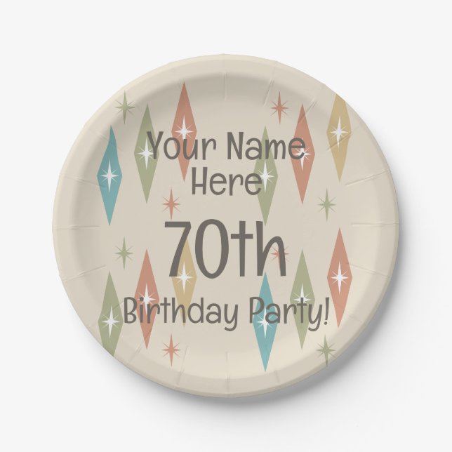 Retro Midcentury 70th Birthday Paper Plate (Front)