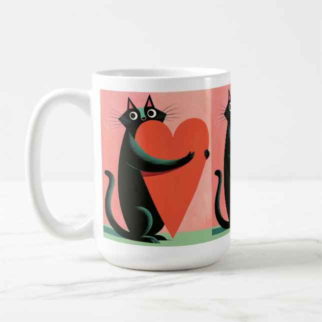 Retro Midcentury Black Cat Heart Coffee Mug (Left)
