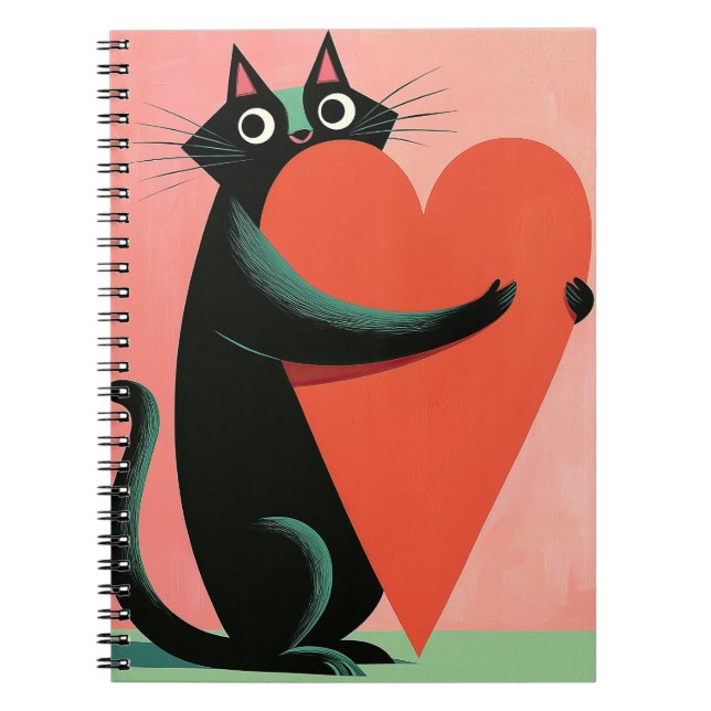 Retro Midcentury Black Cat Heart Cute Notebook (Front)