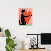 Retro Midcentury Black Cat Hugging Heart