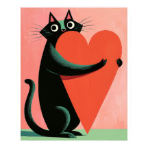 Retro Midcentury Black Cat Hugging Heart