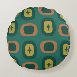 Retro Midcentury Geometric Shapes Teal Round Cushion