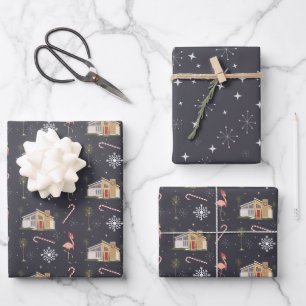 Retro Midcentury House Christmas Pattern Wrapping Paper Sheet