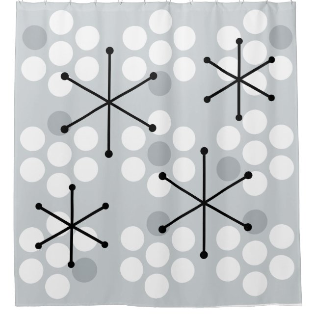 Retro Midcentury MCM Dots Silver Shower Curtain (Front)
