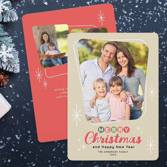Retro Midcentury Modern 3 Photos Christmas Holiday Card (Creator Uploaded)