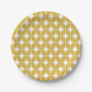 Retro Midcentury Modern Starbursts Mustard White Paper Plate