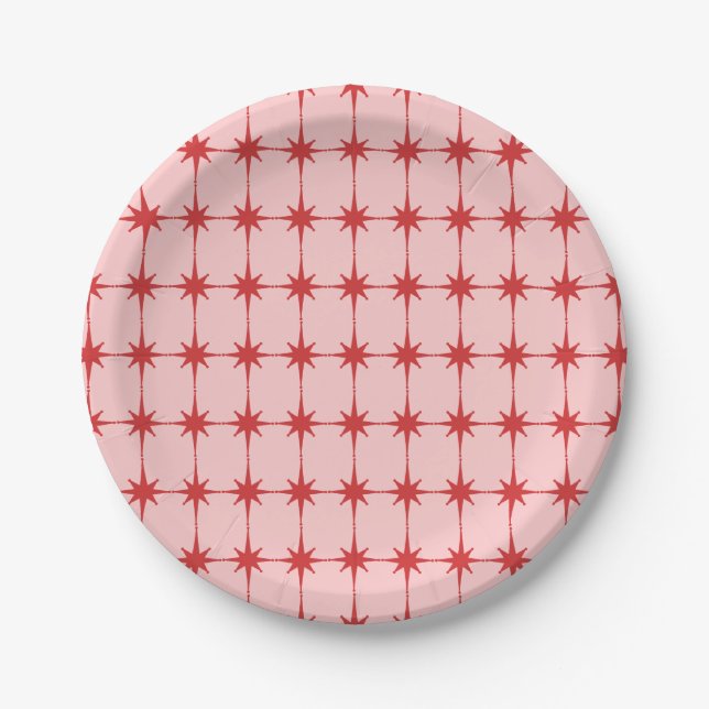 Retro Midcentury Modern Starbursts Red and Pink Paper Plate (Front)