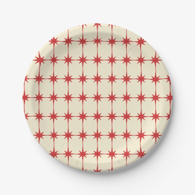 Retro Midcentury Modern Starbursts Red Cream Paper Plate (Front)