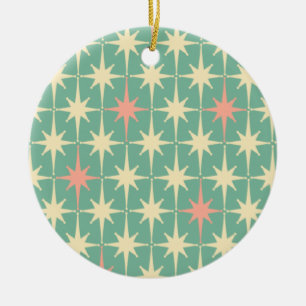 Retro Midcentury Star Pattern Pink and Teal Mint Ceramic Tree Decoration