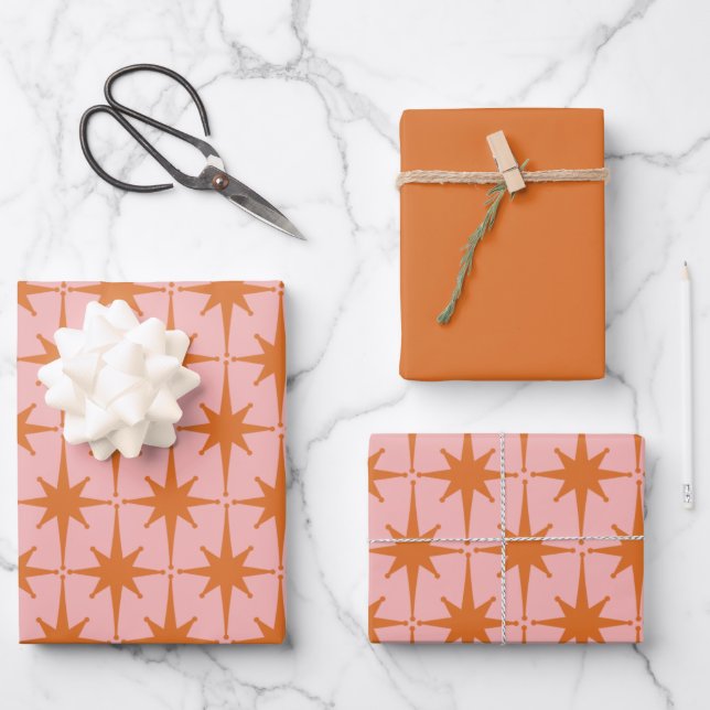 Retro Midcentury Starbursts Pattern Pink & Orange  Wrapping Paper Sheet (Front)