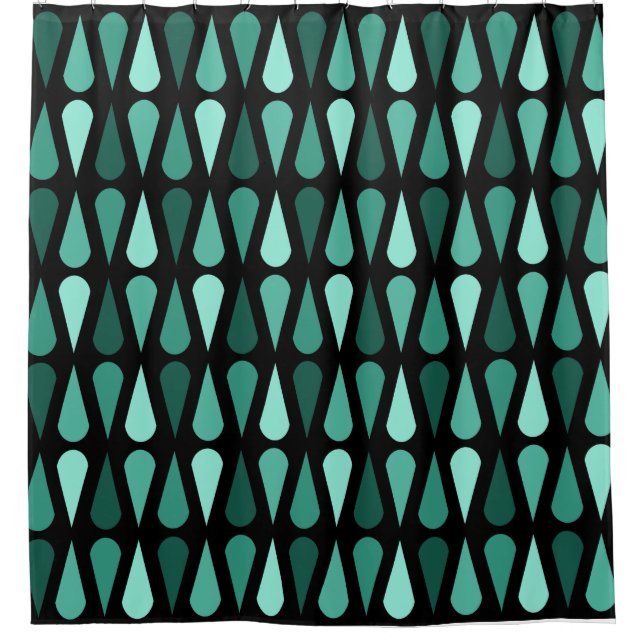 Retro Midcentury Teardrops Black Turquoise Shower Curtain (Front)