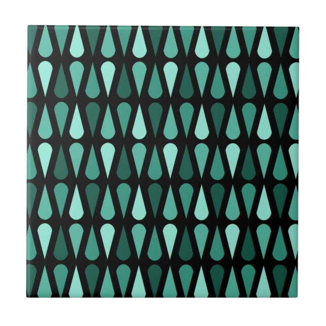 Retro Midcentury Teardrops Black Turquoise Tile (Front)