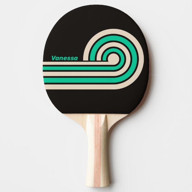 Retro Midnight Mint Curl Stripes with Name Ping Pong Paddle (Front)