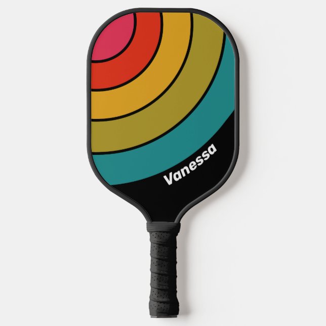 Retro Midnight Rainbow Circle Stripe with Name Pickleball Paddle (Front)