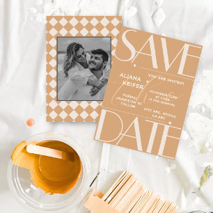 Retro Minimal Checkered Pattern Beige Wedding  Save The Date