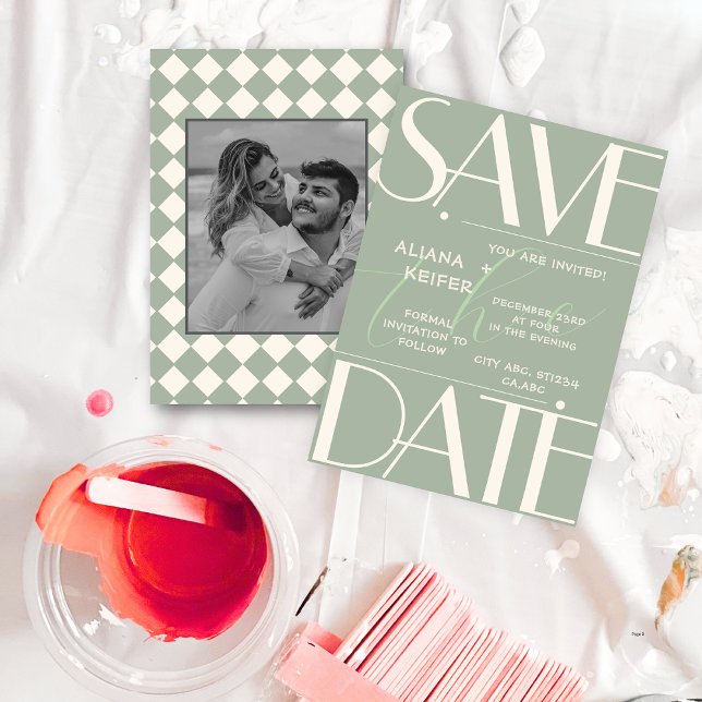 Retro Minimal Chequered Pattern Green Wedding  Save The Date (Creator Uploaded)