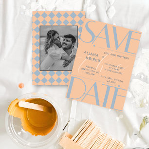 Retro Minimal Chequered Pattern Peach Wedding Save The Date