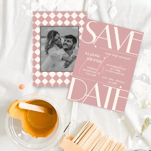 Retro Minimal Chequered Pattern Pink Wedding Save The Date