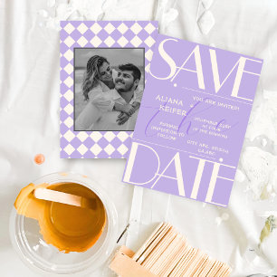 Retro Minimal Chequered Pattern Purple Wedding Save The Date