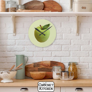 Retro Minimal Handmade Craft Green Crochet Apple   Round Clock