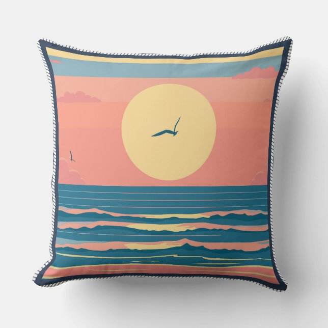 Retro Minimalist Beach Sunset Ocean Waves Cushion (Front)