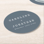 Retro Minimalist Dark Blue Typewriter Wedding Round Paper Coaster<br><div class="desc">Retro Minimalist Typewriter Font Custom Wedding Round Paper Coaster in Dark Dusty Blue</div>