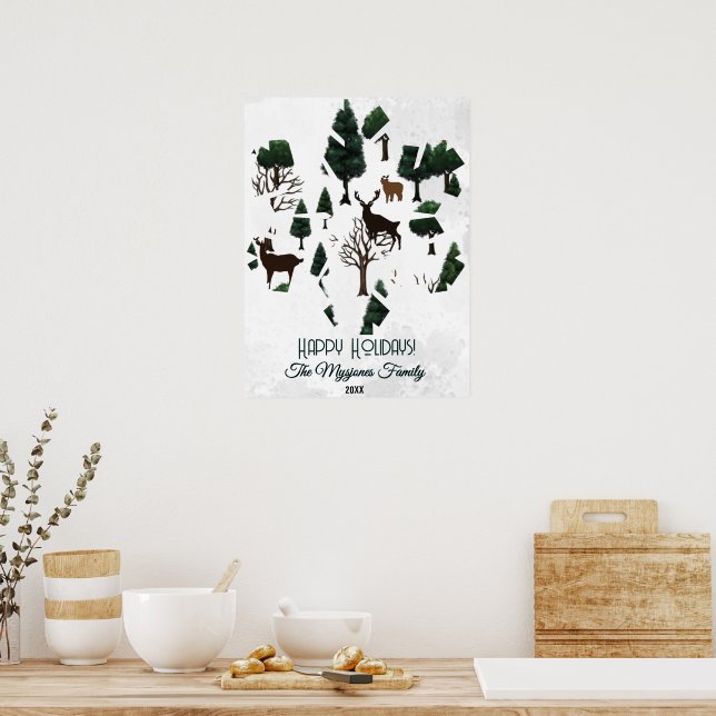 Retro Minimalist Deer Among Holiday Trees  Poster (Kitchen)