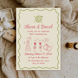 Retro minimalist hand drawn Pink,green Wedding Invitation