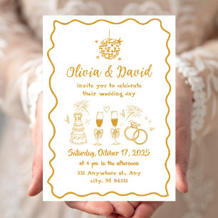 Retro minimalist hand drawn white,gold Wedding Invitation