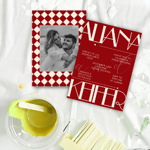Retro Minimalistic Checkered Pattern Red Wedding Invitation