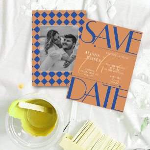 Retro Minimalistic Chequered Pattern Blue Wedding Save The Date