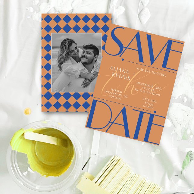 Retro Minimalistic Chequered Pattern Blue Wedding  Save The Date (Creator Uploaded)