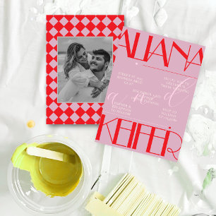 Retro Minimalistic Chequered Pattern Pink Wedding  Invitation