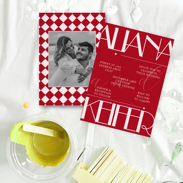 Retro Minimalistic Chequered Pattern Red Wedding  Invitation (Creator Uploaded)