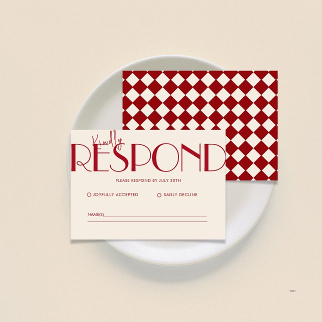 Retro Minimalistic Chequered Pattern Red Wedding  RSVP Card (Creator Uploaded)