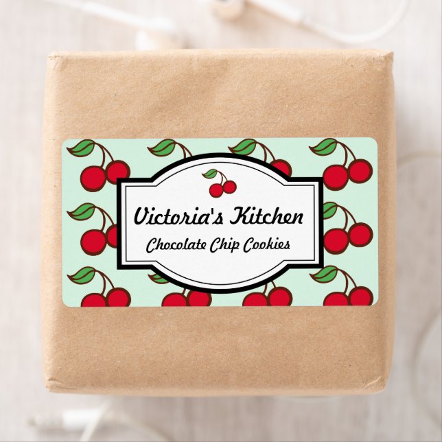 Retro Mint Cherry Personalised Kitchen Labels (Insitu)