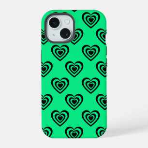 Retro Mint Green Hypnotic Heart Pattern iPhone 15 Case