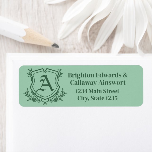 Retro Mint Leaf and Floral Monogram Crest Address (Insitu)