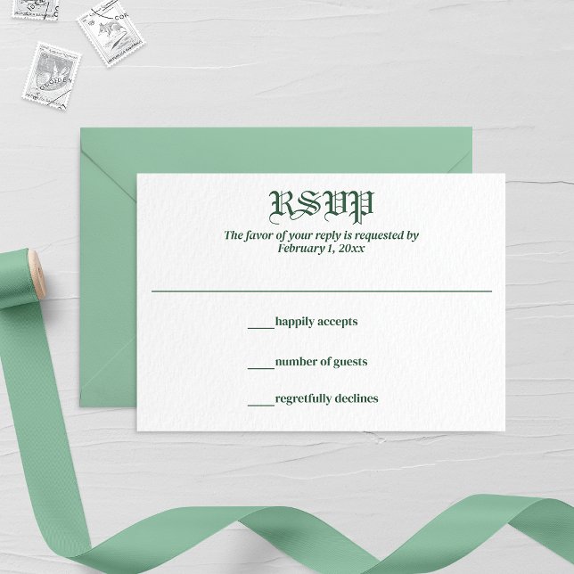 Retro Mint Leaf and Floral Monogram Wedding RSVP Card (Creator Uploaded)
