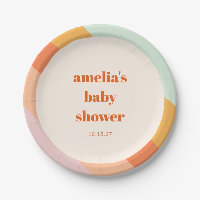 Retro Mint Orange Boho Stripes Custom Baby Shower Paper Plate (Front)