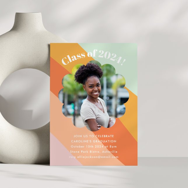 Retro Mint Orange Stripes Photo Graduation Party Invitation (Creator Uploaded)