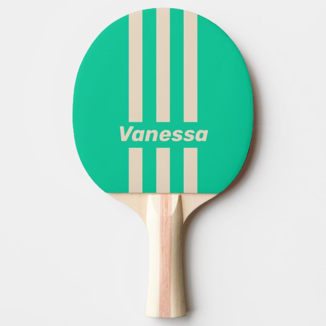 Retro Mint Three Pin Stripes with Name Ping Pong Paddle (Front)