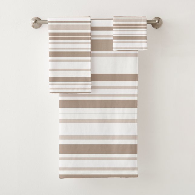 Retro Mocha Brown & Taupe Bold Vertical Stripes Bath Towel Set (Insitu)