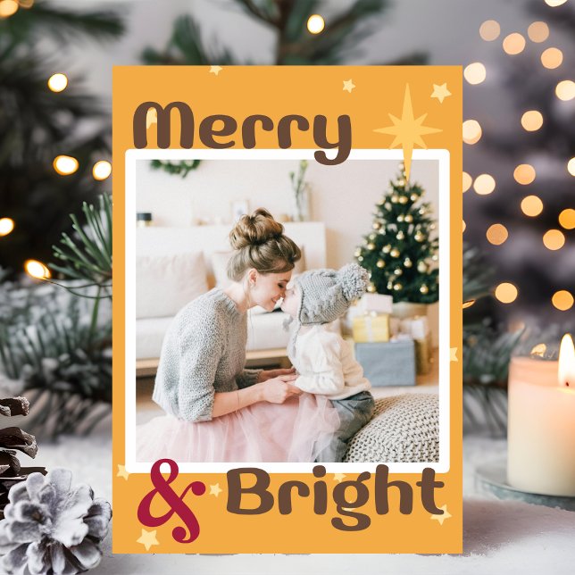 Retro Mocha Brown Yellow Red Photo Merry Christmas Holiday Card (Creator Uploaded)