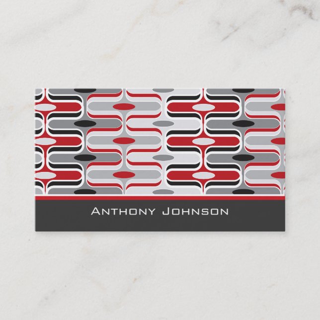 Retro Mod Art Deco Zig Zag Funky Pattern Red Black Business Card (Front)