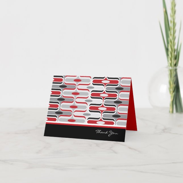 Retro Mod Art Deco Zig Zag Funky Pattern Red Black Thank You Card (Front)
